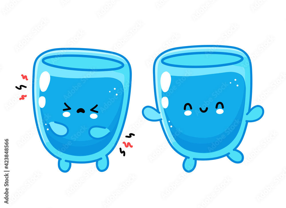 Cute funny happy and sad water glass character. Vector flat line cartoon kawaii character illustration icon. Isolated on white background. Water glass character concept - obrazy, fototapety, plakaty 