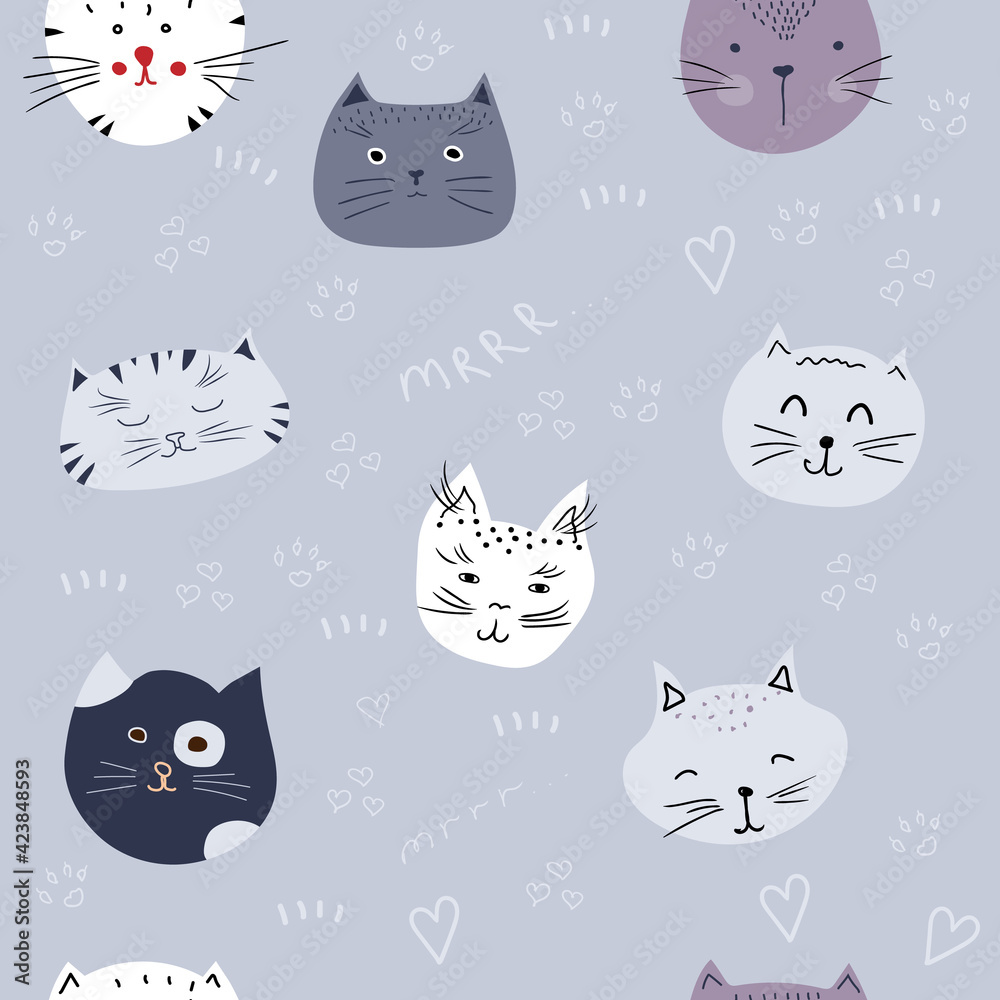 Seamless pattern with cute colorful cats. Vector Illustration