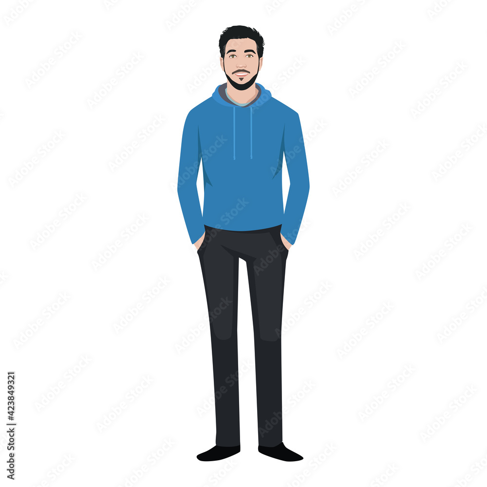 Man wearing hoodie character. Standing hands on pocket flat vector illustration Man wearing hoodie character. Standing hands on pocket flat vector illustration