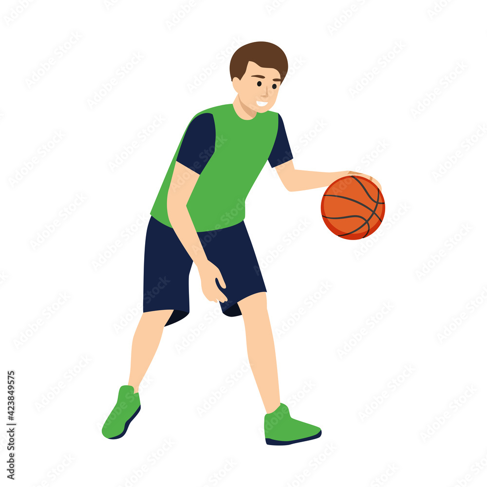 Cute little boy dribbling basketball flat vector illustration isolated on white background