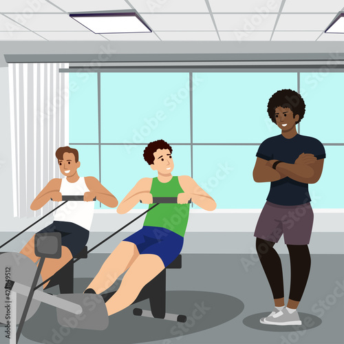Professional fitness coach with training plan and men doing fitness exercises on a gym  people exercising under control of personal trainer vector Illustration