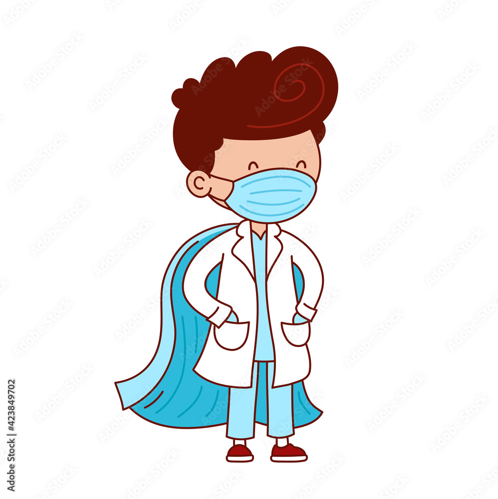 Cute doctor with medical masks and super hero cape. Vector cartoon character flat line illustration. Isolated on white background. Superhero medical healtcare workers concept Cute doctor with medical masks and super hero cape. Vector cartoon character flat line illustration. Isolated on white background. Superhero medical healtcare workers concept