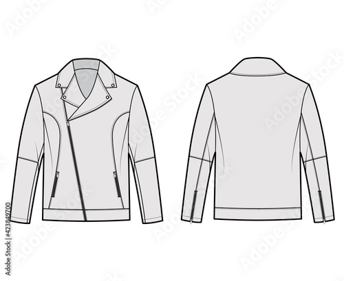 Zip-up biker jacket technical fashion illustration with oversized, asymmetrical zip front, long sleeves, welt pockets, moto details. Flat coat template back grey color style. Women men CAD mockup