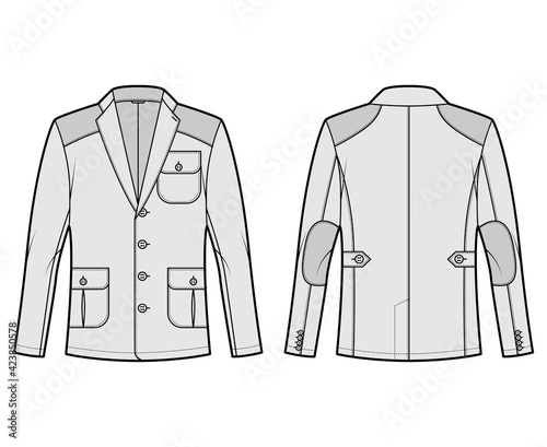 Hunting Shooting jacket technical fashion illustration with long sleeves, notched collar, flap pockets, Trim, Shoulder Elbow Patch. Flat coat template front, back, grey color. Women Blazer CAD mockup
