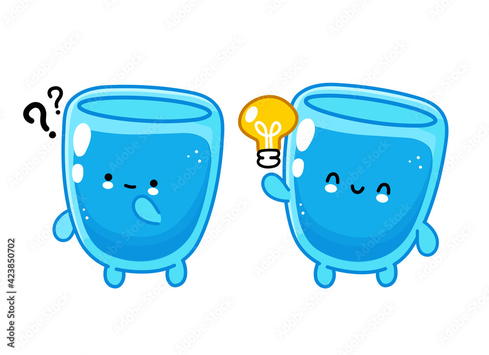 Cute funny happy water glass character with question mark and idea lightbulb. Vector flat line cartoon kawaii character illustration icon. Isolated on white background. Water glass character concept - obrazy, fototapety, plakaty 