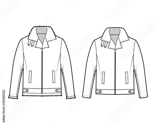 Set of Zip-up Bombers leather jacket technical fashion illustration with tabs, oversize, thick collar, long sleeves, welt pockets. Flat coat template front white color. Women men unisex top CAD mockup