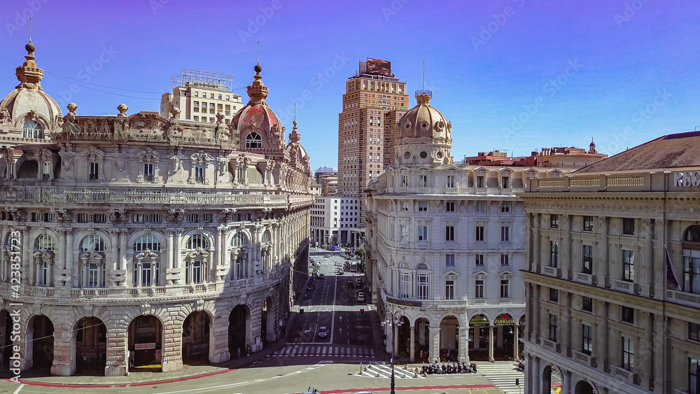 Naklejka premium Aerial panoramic drone view of De Ferrari square in Genoa,Italy. Situated in heart of the city.