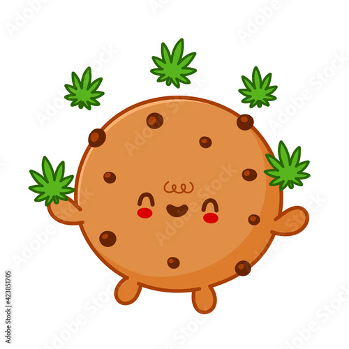 Cute funny chocolate cookie jogging marijuana weed leaf character. Vector flat line cartoon kawaii character illustration. Isolated on white background. Weed edible cookie character bundle concept