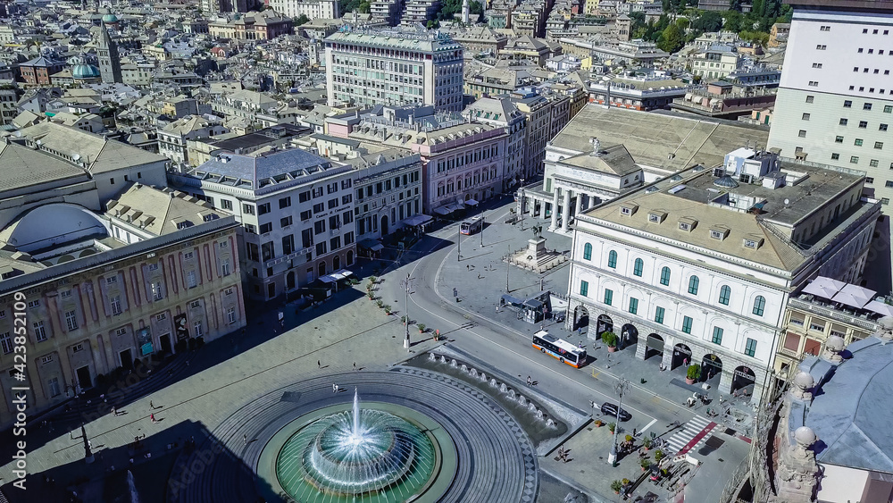 Aerial panoramic drone view of Fountain in main square of city Piazza De Ferrari in Genoa,Italy.