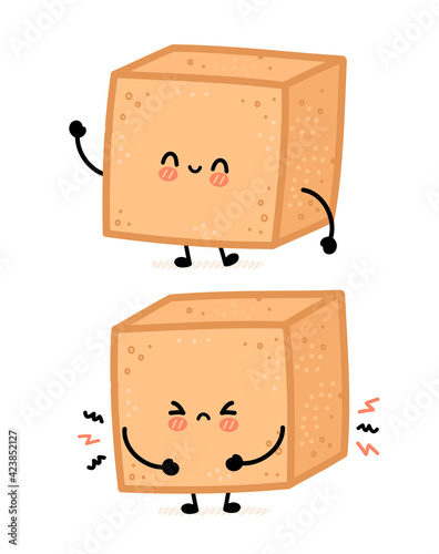 Cute happy and sad brown cane sugar cube character. Vector flat line cartoon kawaii character illustration icon. Isolated on white background. Sugar, sugarcane unrefined cube character concept