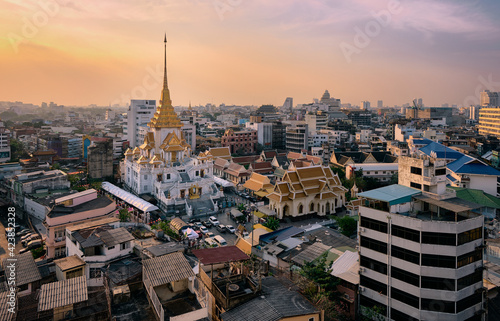 Bangkok  Thailand skyline at Temple of the Golden Buddha  Wat Traimit Temple  at sunset. Travel destination
