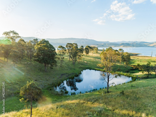 Small farm dam in paddock beside Lake St Clair water supply dam