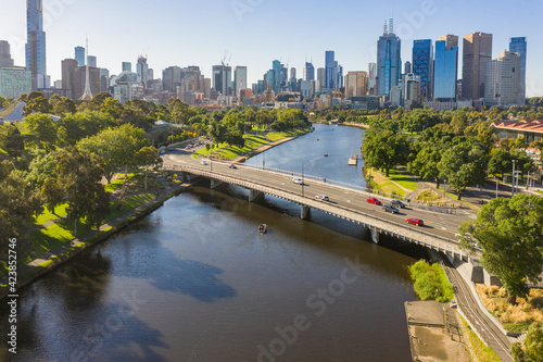 Aerial view of traffic crossing a bridge over an inner city river