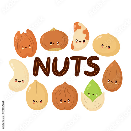 Cute happy nuts banner. Vector flat cartoon character illustration icon design. Isolated on white background. Natural peanut, hazelnut, walnut, brazil nut,pistachio, cashew,pecan,almond characters