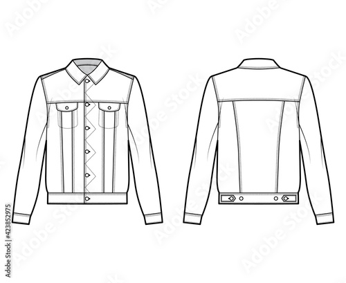 Stormrider denim jacket technical fashion illustration with oversized body, flap pockets, Shank button closure, long sleeves. Flat apparel front, back, white color. Women, men unisex CAD mockup