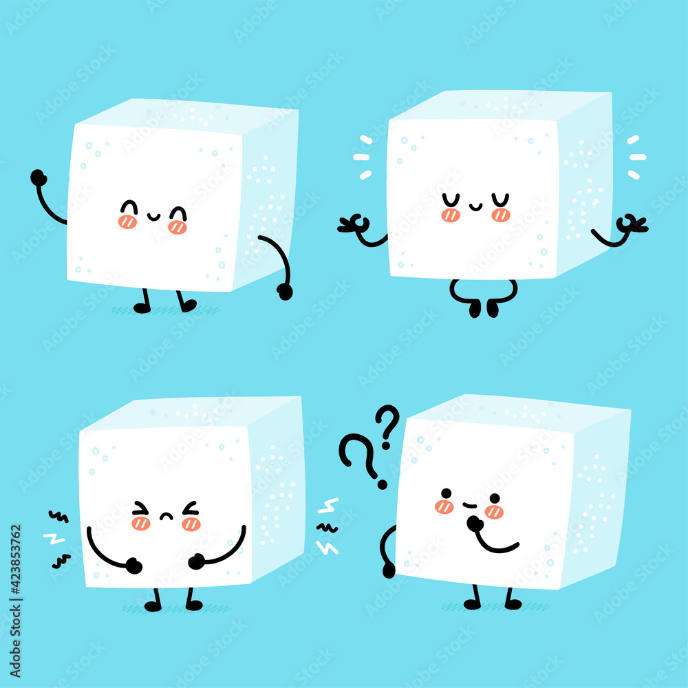 Cute funny happy sugar piece cube character set collection. Vector flat  line cartoon kawaii character illustration icon. Sugar cube character  bundle concept Stock Vector | Adobe Stock