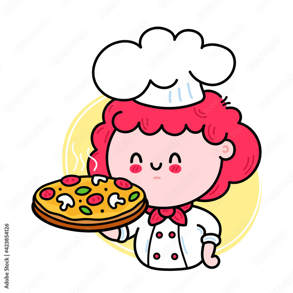 Cute funny chef cook girl character serving pizza. Vector hand drawn cartoon kawaii character illustration icon. Isolated on white background. Cute kawaii woman cook character with pizza logo concept Cute funny chef cook girl character serving pizza. Vector hand drawn cartoon kawaii character illustration icon. Isolated on white background. Cute kawaii woman cook character with pizza logo concept