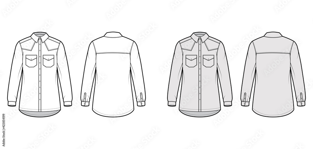 Denim shirt jacket technical fashion illustration with oversized body, flap pockets, button closure, classic collar, long sleeves. Flat apparel front, back, white, grey color. Women, men CAD mockup Denim shirt jacket technical fashion illustration with oversized body, flap pockets, button closure, classic collar, long sleeves. Flat apparel front, back, white, grey color. Women, men CAD mockup