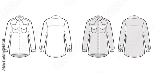 Denim shirt jacket technical fashion illustration with oversized body, flap pockets, button closure, classic collar, long sleeves. Flat apparel front, back, white, grey color. Women, men CAD mockup