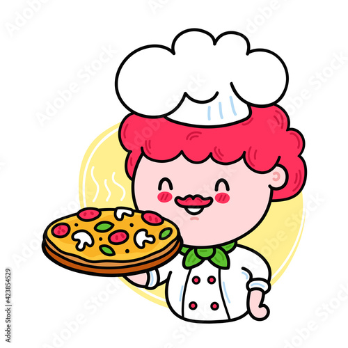 Cute funny chef cook hold pizza character. Vector hand drawn cartoon kawaii character illustration icon. Isolated on white background. Cute kawaii cook character with pizza logo concept