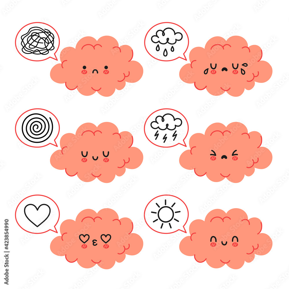 Cute funny brain character in different emotional mood set. Vector hand drawn cartoon kawaii character illustration icon. Isolated on white background. Brain mental health bundle character concept Cute funny brain character in different emotional mood set. Vector hand drawn cartoon kawaii character illustration icon. Isolated on white background. Brain mental health bundle character concept