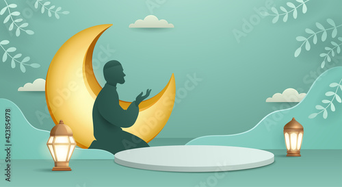 3D illustration of classic teal Muslim Islamic festival theme product display background with Muslim prayer and Islamic decorations.
