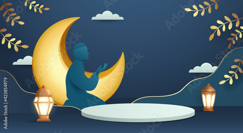 3D illustration of classic blue Muslim Islamic festival theme product display background with Muslim prayer and Islamic decorations.