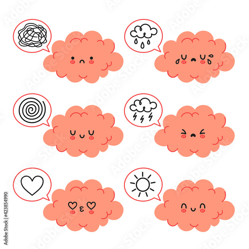 Cute funny brain character in different emotional mood set. Vector hand drawn cartoon kawaii character illustration icon. Isolated on white background. Brain mental health bundle character concept