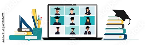 Virtual graduation ceremony. Graduate quarantine. Graduates in square academic cars communicate via video call. Laptop screen. Communication of students graduates. Vector illustration
