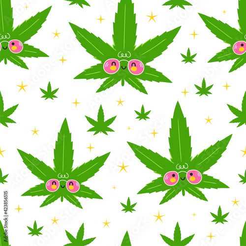 Cute funny happy weed marijuana leafs and stars seamless pattern. Vector kawaii cartoon illustration icon design. Isolated on white background. Cute weed marijuana seamless pattern concept