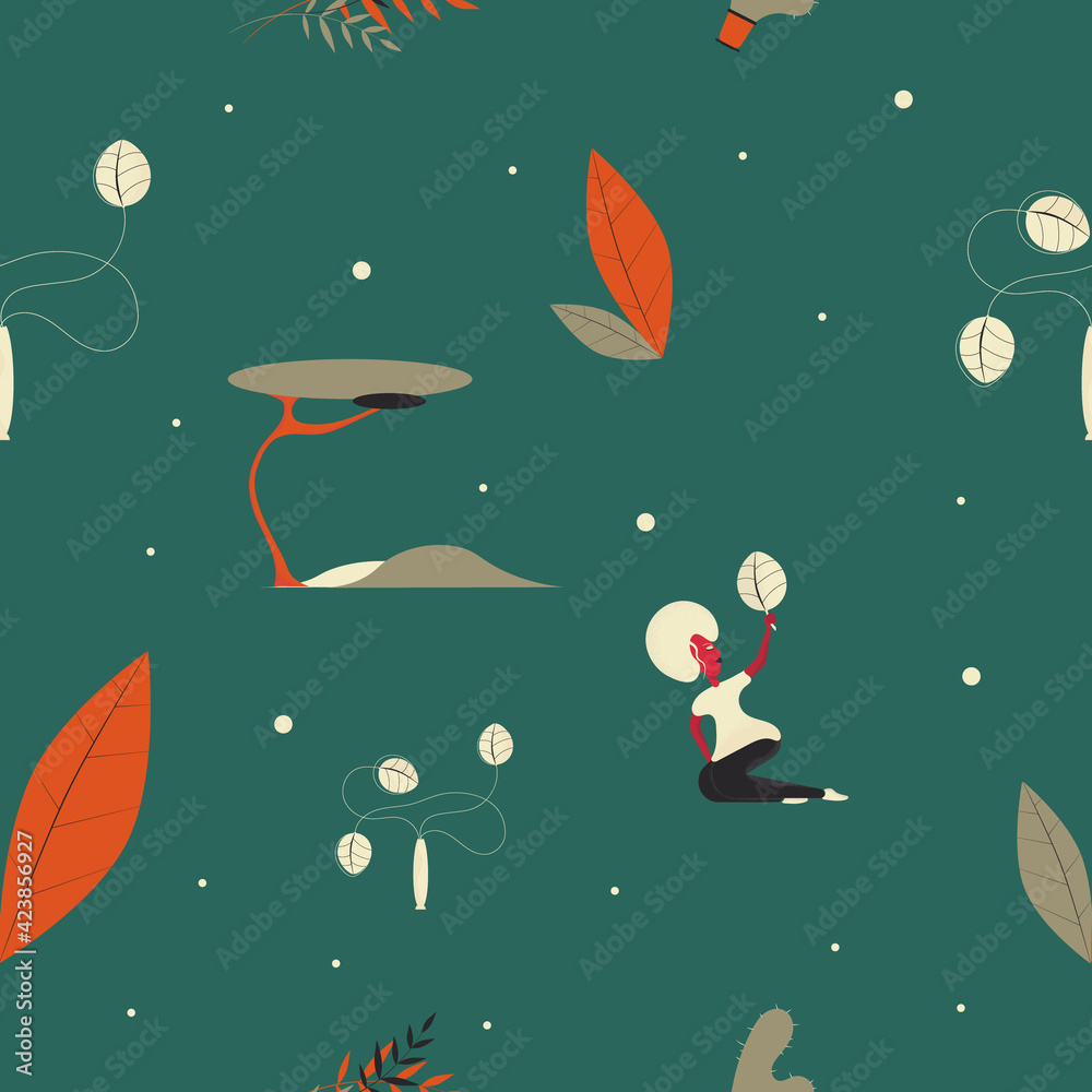 seamless pattern of a woman and plant elements on a green background