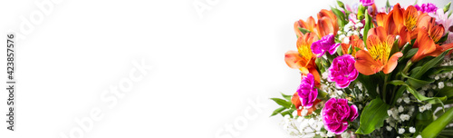 Banner Flowers composition on white  background with copy space for text.  Border of assorted fresh flowers and leaves