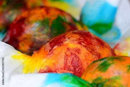 Set of stages of painting Easter eggs before great Easter holiday with changing focus