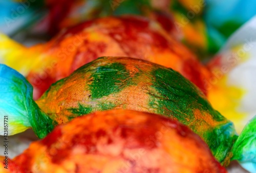 Set of stages of painting Easter eggs before great Easter holiday with changing focus