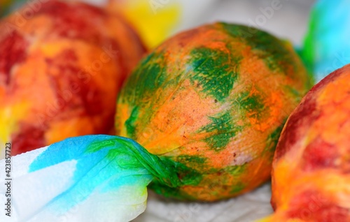 Set of stages of painting Easter eggs before great Easter holiday with changing focus