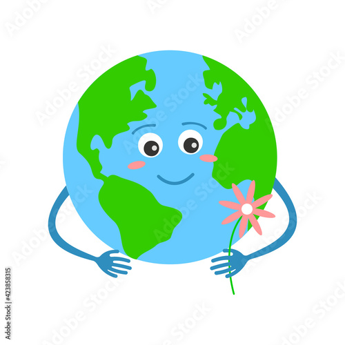 Cute Earth planet character holding flower isolated on white background. Earth Day, take care for the environment concept. Vector flat illustration.