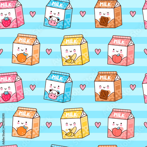 Cute funny happy flavored milk box and hearts seamless pattern. Vector kawaii cartoon illustration icon design. Cute milk with different flavors seamless pattern concept