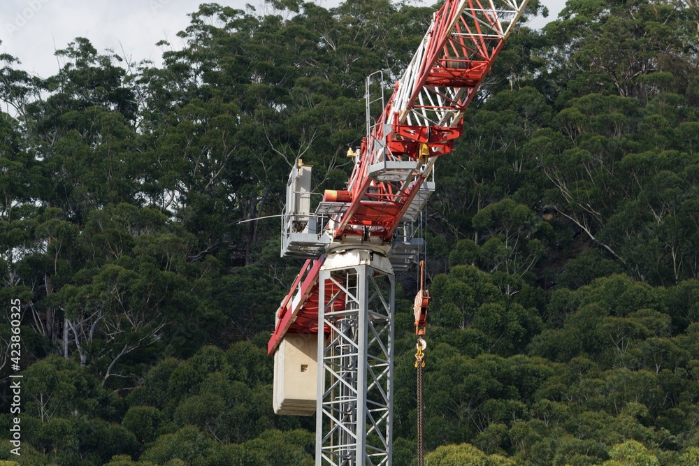 Construction Crane close up with bushland backdrop. Gosford, Australia. February 9, 2021. 56-58 Beane St. Part of a series. Construction Crane close up with bushland backdrop. Gosford, Australia. February 9, 2021. 56-58 Beane St. Part of a series.