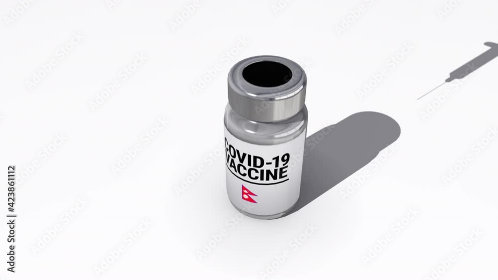 Seamless looping 3D animation of the covid-19 vaccine injection of a bottle with the flag of Nepal in 4K resolution 