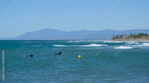 Sticker CABO PINO, ANDALUCIA/SPAIN - JULY 2 : People Surfing at Cabo Pino Andalucía Spain on July 2, 2017