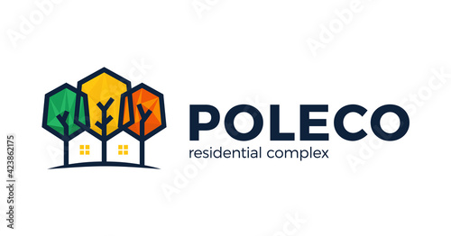 Poly colorful house home in negative space logo vector illustration. Home And Tree Nature Logo Template Design Vector, Emblem