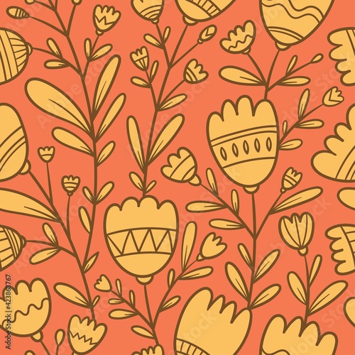 Seamless pattern with different plants and  flowers on pink background. Vector print with herbs. Botanical doodle wallpaper.