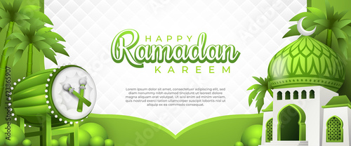 Happy Ramadan Kareem Banner with a Green Bedug and a Mosque