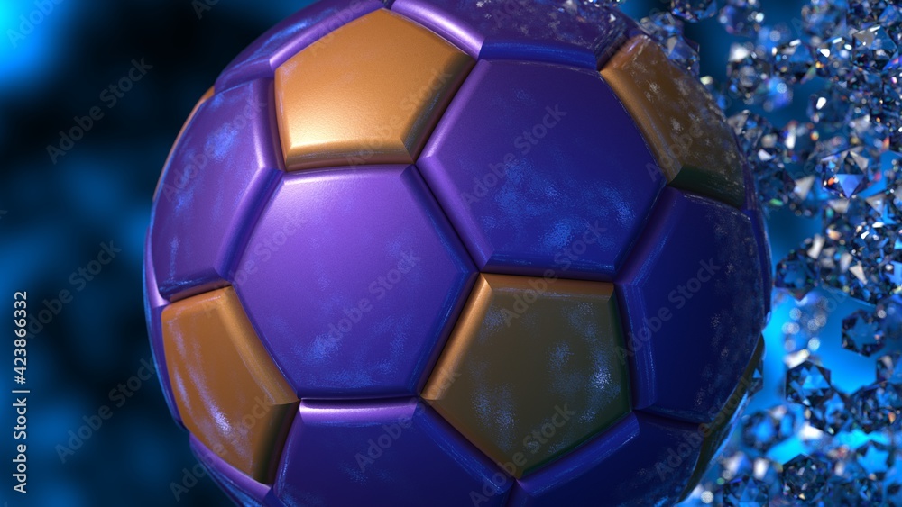 Fototapeta premium Purple-Orange Soccer Ball with diamond particles under blue flare lighting. 3D illustration. 3D CG. 3D high quality rendering.