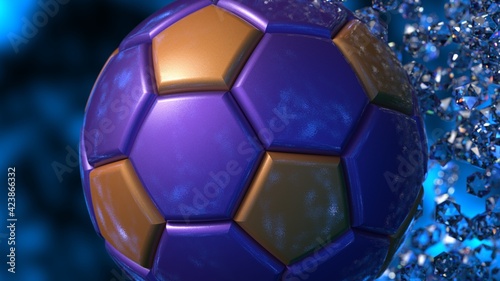 Purple-Orange Soccer Ball with diamond particles under blue flare lighting. 3D illustration. 3D CG. 3D high quality rendering.
