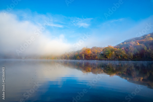 lake in the morning with clouds 