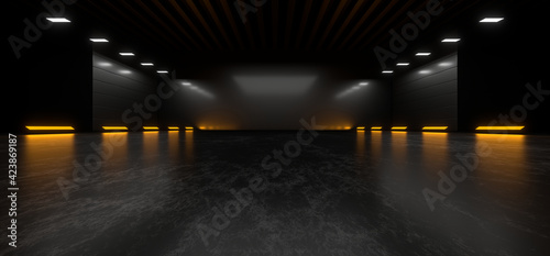 Fototapeta Naklejka Na Ścianę i Meble -  Sci Fy neon lamps in a dark tunnel. Reflections on the floor and walls. 3d rendering image.