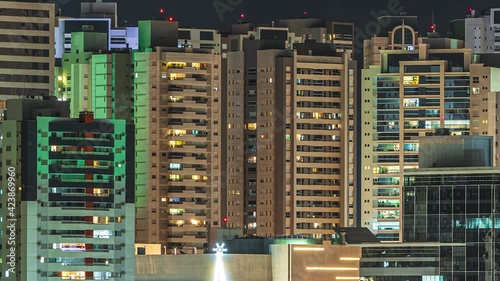 Time lapse of a big city with tall buildings at night, urban night life. Side scroll camera movement on top of the buildings. Cityscape of Londrina city, PR, Brazil at Gleba Palhano neighborhood.