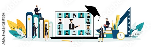 Virtual graduation ceremony. Graduate quarantine. Graduates in square academic cars communicate via video call. Laptop screen. Communication of students graduates. Vector illustration