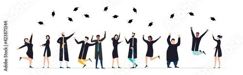 Graduate quarantine. Graduates celebrate 2021 graduation during coronavirus quarantine. Boys and girls having fun jump and toss up mortarboards and diplomas. Vector.